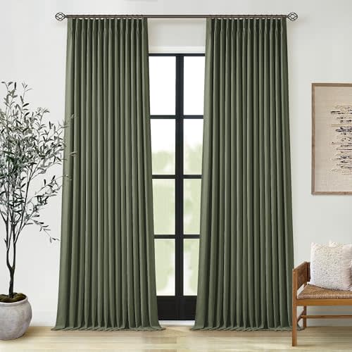 Olive Green Pinch Pleated 100% Blackout Linen Bedroom Curtains 96 Inch Length Double Layer Pleat Curtains Ring Hooks Back Tab Black Out Room Darkening Drapes 96 Inches Long Living Room Dark Green