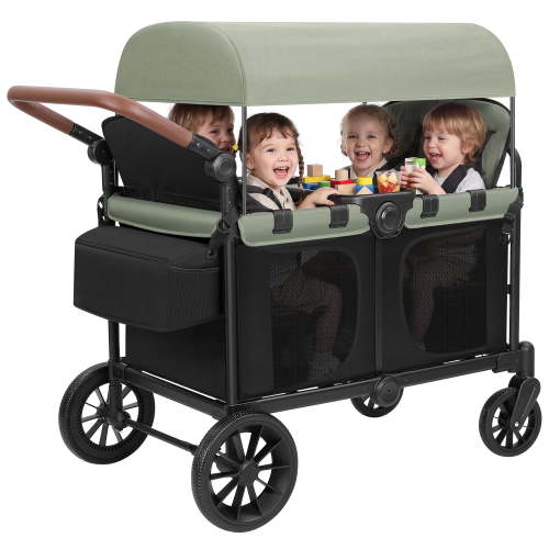 Bobiber Collapsible Wagon Stroller 4 Seater with 5-Point Harnesses, Canopy, Storage Bag, Adjustable Handlebar, 2 Cup Holders, Black