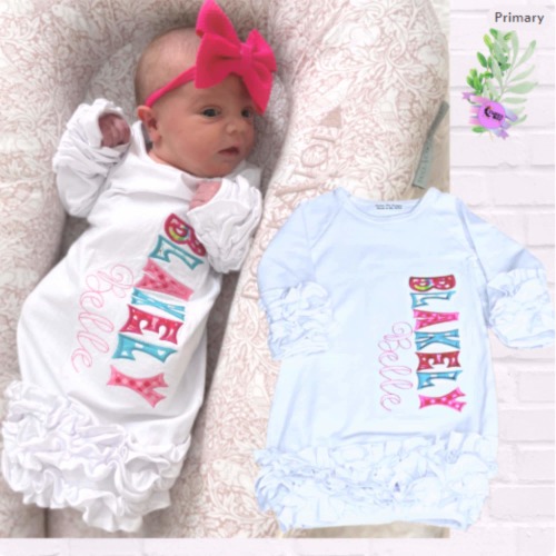 Personalized Embroidered Newborn Gown: Applique Name, Coming Home Outfit