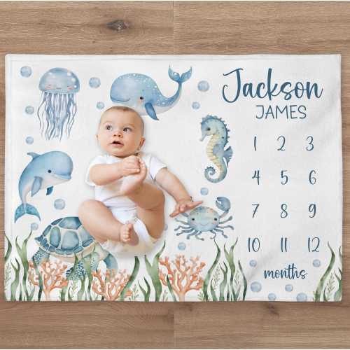 Ocean Milestone Blanket, Personalized Baby Boy Month Blanket, Sea Animals Nursery Custom Newborn Growth Tracker, New Mom Baby Shower Gift