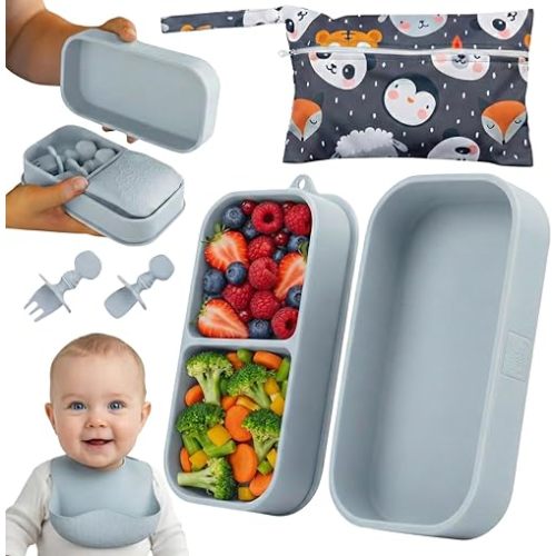 Travel Silicone Portable Feeding Supplies - Toddler Suction Plates, Silicone Baby Spoon & Fork, Lightweight Foldable Bib & Waterproof Storage Bag - 6 Piece Set
