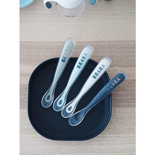 BEABA First Stage Baby Feeding Spoon Set, THE ORIGINAL Soft Tip Silicone Spoons for Babies, Gum Friendly BPA Lead Phthalate and Plastic Free, Great Gift Set (4 Pack), Rain - Peacock