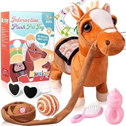 Marsjoy Walking Pony Toy Musical Singing Dancing Plush Interactive Pony Walk Along Horse with Leash Plush Stuffed Animal Shaking Head Buttocks Toy for Boy & Girl Kid Ages 3+ H: 11.81"
