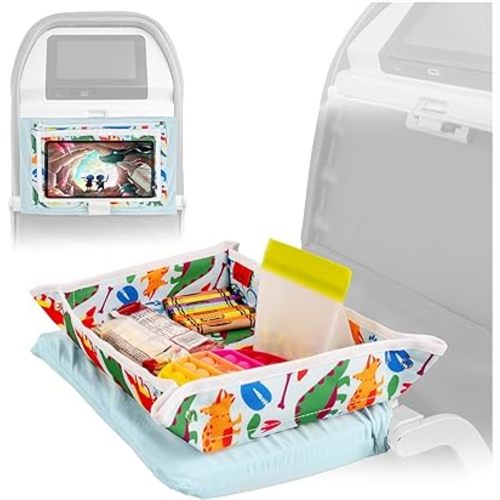 Lusso Gear Kids Airplane Tray Table Cover - Storage Pockets for Toddler Toys & Snacks - Kids Travel Essentials & Organizer - Portable Fit for Most Airplane Trays - Dinos
