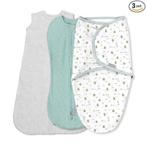 SwaddleMe by Ingenuity Comfort Pack Baby Swaddle Set, Size 0-3 Months, 5-14 Pounds, SwaddleMe Pod, Original Swaddle, Night Sack, 3pk - Little Bees