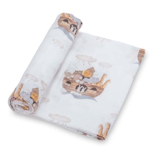 LollyBanks Noah's Ark Baby Muslin Swaddle - 100% Cotton, 47" x 47", Single Pack