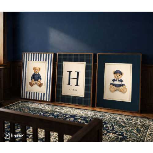 Personalized Preppy Teddy Bear Nursery Wall Art Set of 3, Custom Initial & Name Prints, Classic Blue Nursery Decor, Baby Boy Room Art