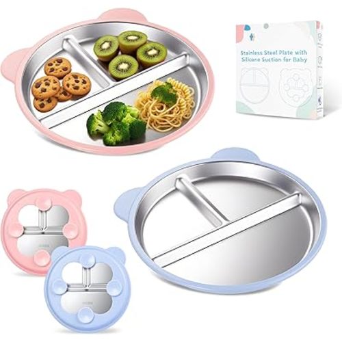 Stainless Steel Kids Plate with Suction Set of 2, 9″ Toddler Divided Plates with Removable Non Slip Silicone Sleeves, Baby Snack Dishes, Non Toxic and BPA Free, Light Pink & Baby Blue