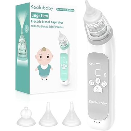 Koalababy Baby Nasal Aspirator, Large Flow Electric Nose Sucker with 3 Suction Levels, Rechargeable Toddler Nose Cleaner, Soft Silicone Tips, Music and Light Soothing