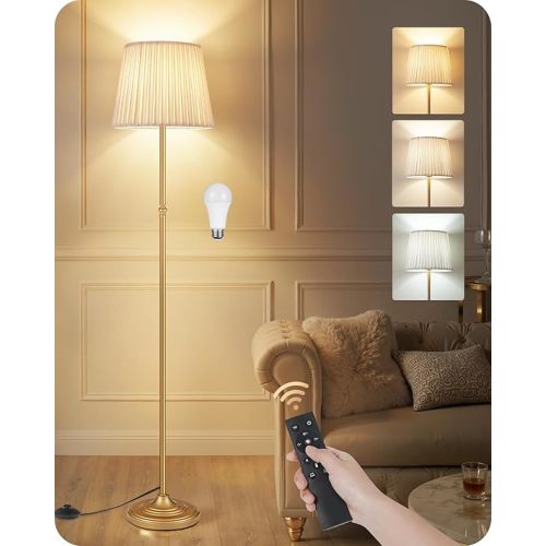Dimmable Floor Lamp for Living Room, 68" Tall Standing Lamp, Reading Light with Remote & Foot Pedal, 10W LED Bulb (3000K-6500K) Included, FCC Listed, Reinforced Base, Gold and White DW12LD05