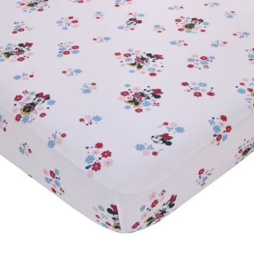 NoJo Disney Minnie Mouse - Pink, Blue and White Small Town Floral Nursery Fitted Crib Sheet