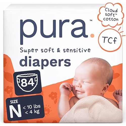 Pura Newborn Baby Diapers Size N (Up to 10 lbs), 3 Pack (84 Hypoallergenic Diapers) Totally Chlorine Free (TCF), Disposable Diapers for Sensitive Skin, Blowout Protection & Wetness Indicator