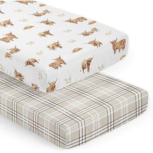 Sweet Jojo Designs 2-Piece Baby Crib Sheets Set (Boho Highland Cow) for Girls or Boys, Infant Nursery, Toddler Room - Fitted, Standard Size (Taupe Plaid and Farm Animal, Watercolor, Rustic Farmhouse)