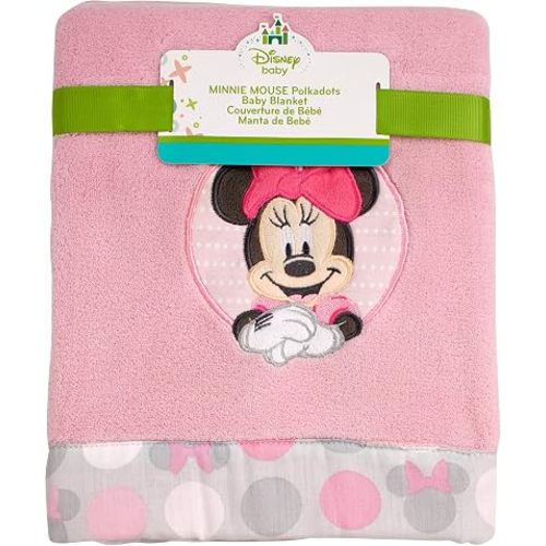 Disney Minnie Mouse Polka Dots Super Soft Appliqued Baby Blanket, Light Pink/White/Grey