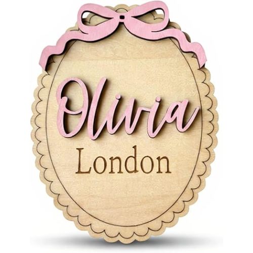 Personalized Baby Name Announcement Sign with Bow, Custom Wooden Name, Scalloped Edge Newborn Photo Prop & Nursery Keepsake (Name Sign)