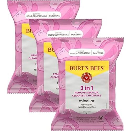 Burt's Bees Stocking Stuffers, Rose Water Face Wipes, for All Skin Types, Hydrating Micellar Makeup Remover & Facial Cleansing Towelettes, Skin Care Christmas Gifts, 30 Ct (3-Pack)