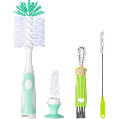 Baby Bottle Brush Set 4 in 1, Baby Bottle Cleaner, with 1P Nylon Bottle Brush, 1P Bottle Cap Brushes, 2P Straw Brushes, Bottle Brush with Nipple Cleaner and Suction Cup, BPA-Free(Green)