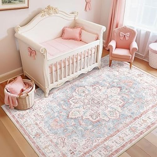 Machine Washable Rugs Nursery Rug 3x5 Cute Girl Non Slip Low Pile Water Repellent Soft Print Pattern for Bedroom Indoor Decor Kids Playroom Pink Blue