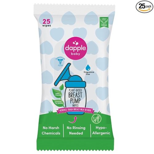 Breast Pump Wipes by Dapple Baby, Hypoallergenic & Powered by Plants, Removes Milk Residue, Leaves No Taste, Convenient Wipes Pouch, Fragrance Free, 25 Count (Pack of 1)