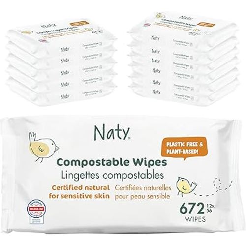 Naty Baby Wet Wipes | Natural, Unscented, 98% Purified Water for Sensitive Skin | Plant-Based & Fragrance-Free | Plastic-Free & Compostable | Gentle Diaper Wipes for Newborns | 672 Count (12 Packs)