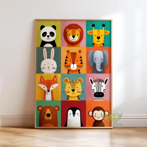 Cute Animal Faces Wall Art, Safari Zoo Nursery Print, Colorful Kids Room Decor, Baby Shower Gift, Fun Playroom Artwork, Jungle Animal Poster