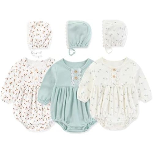 MAMIMAKA Newborn Baby Girl Clothes Cotton Bubble Rompers Infant Outfit Floral Long Sleeve Bodysuit, 3 Pack