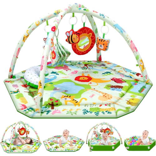 Baby Activity Gym & Play Mat with 6 Detachable Toys-Activity Gym for Visual, Auditory & Motor Development-Washable Baby Activity Mat for 0-12 Month Infants(Animal Theme)