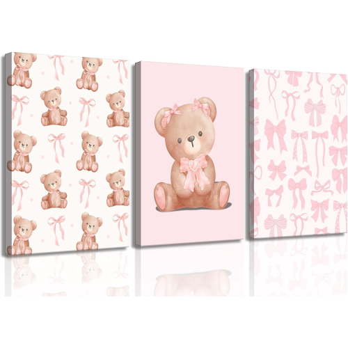 Pink Teddy Bear Canvas Wall Art Coquette Bow Wall Decor Pictures Cute Animal Nursery Posters Prints for Baby Girls Room Bedroom Home Decorations（Only canvas）