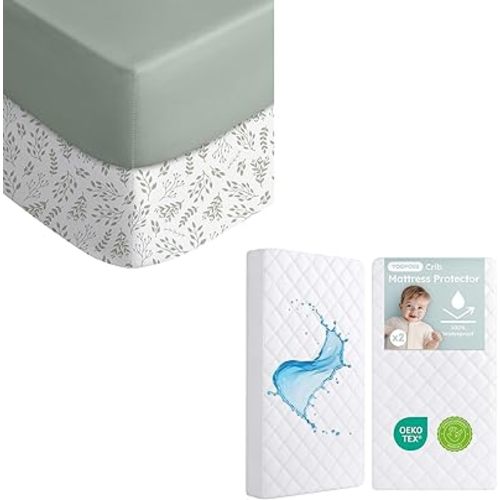 Yoofoss Baby Crib Bedding Bundle 4 Piece Set: 2 Pack Waterproof Quilted Crib Mattress Protector + 2 Pack Super Soft Microfiber Fitted Crib Sheets, Breathable, Machine Washable, Standard Size 52x28