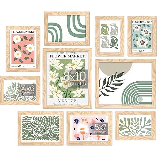 upsimples 10 Pack Picture Frames Collage Wall Decor for Mounting or Tabletop Display, Photo Gallery Frame Set for Family, Multi Sizes Including 8x10, 5x7, 4x6, Natural
