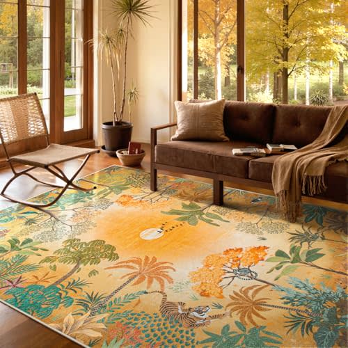 Lahome Fall Jungle 5x7 Autumn Rug for Living Room Bedroom Machine Washable Carpet, Soft Sunset Kids Rugs for Playroom, Forest Rug Non Slip Non Shedding Orange Indoor Carpet for Nursery Office