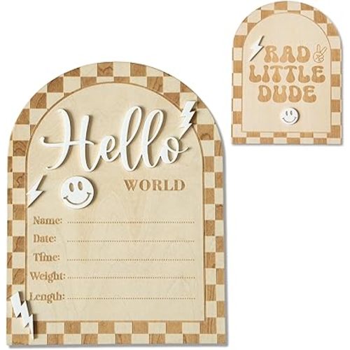 Baby Announcement Sign, Hello World Newborn Sign for Hospital, Rad Little Dude Card, Baby Announcements Ideas, Newborn Photography Props Double-Sided (HW2)