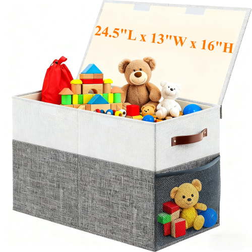 LANNEY Large Toy Storage Box with Lid, Collapsible Sturdy Toy Chest with Dividers, 24.5"x13"x16" Toy Organizer Bin for Nursery, Living Room, Playroom, Bedroom (Gray and White)