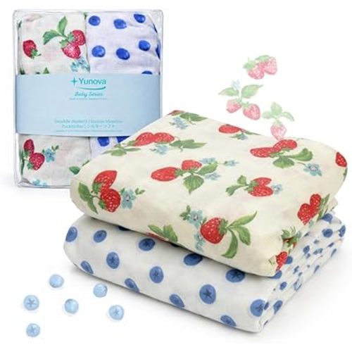 Bamboo Cotton Muslin Swaddle Blanket for Newborn Baby Girls, Breathable Soft Lightweight Receiving Blanket, Floral Strawberry Baby Swaddle, Extra Large Muslin Blanket 47x47, 2 Pack–Strawberry Garden