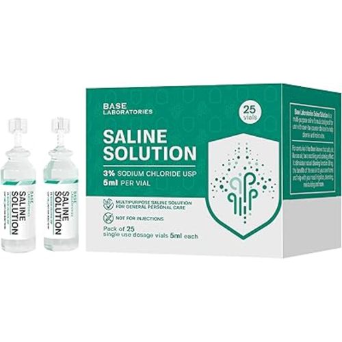 BASE LABORATORIES 3% Saline Solution Vials - Versatile 3% Sodium Chloride Saline Ampoules - Preservative Free Saline Solution Single use vials - USP Grade 25 Vials x 5ml Count