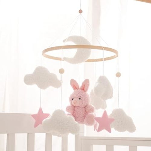 EERKEOD Baby Crib Mobile Bunny Nursery Mobile for Boys Girls Teddy Velvet Mobile Nursery Decor for Infant Bedroom Hanging Baby Mobile for Bassinet Newborn Baby Gift（Pink Bunny）