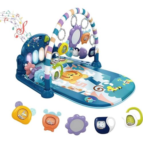 dearlomum Baby Play Mat Gym, Funny Play Piano Tummy Time Activity Mat with 5 Infant Sensory Toys, Music and Lights Boy & Girl Gifts for Newborns 0 to 3 6 9 12 Months (Tiger Blue)