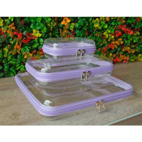 Poshfolio Lilac Clear Hard Shell Double Zip Cases for Organization - 3 sizes available