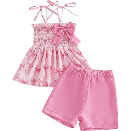 Rourufy Toddler Baby Girl Summer Clothes Cami Bow Smocked T Shirt Top Shorts Set Tulip Floral Cute Little Girls Outfits