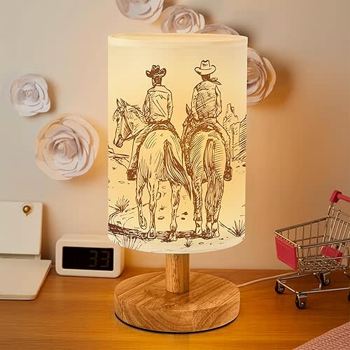 Western Cowboy Bedside Table Lamp for Bedroom with USB Port, Vintage Cozy Kids Nightstand Lamp with Wood Base Polyester Fabric Shade for Living Room Dorm Desk (Beige)