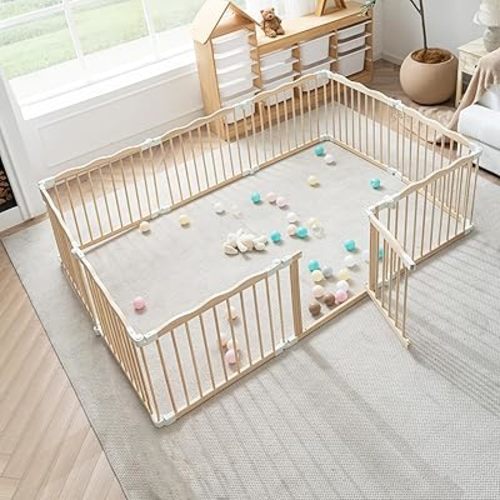 GGF Wooden Playpen & Play Yards for Babies and Toddlers, Foldable Wood Baby Play Fence with Locking Gate, Kids Activity Area Center Indoor Outdoor,86 * 57inch, Natural Wood