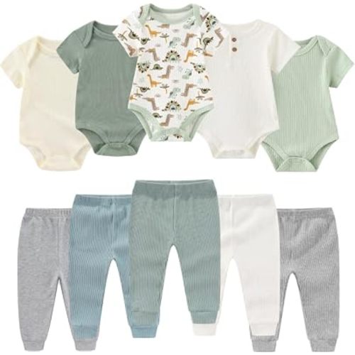 BIGBIGKISS Baby Bodysuit and Pant Set 10Pcs Baby Boy Girl Clothes Outfits