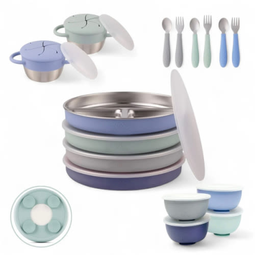 Stainless Steel Mealtime Bundle | Suction Sleeves | Plates, Bowls, Snack Cups + Toddler Utensils | 16 Pcs |  Sage/MistyBlue/Navy/Gray