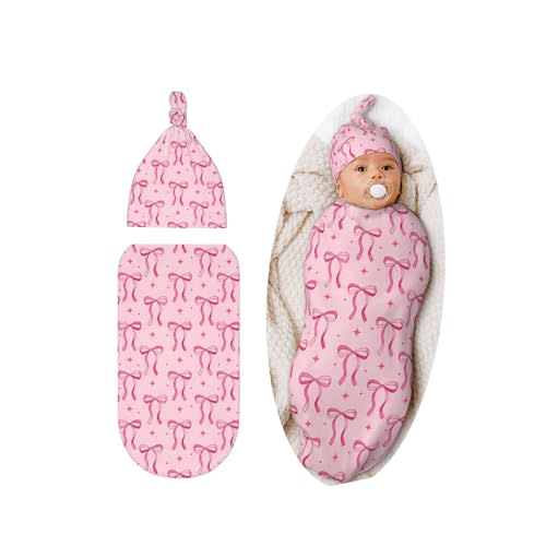 Lcokin Pink Bow Baby Stuff Swaddle Blanket Hat Set, Newborn Receiving Blanket Shower Gift for Boys Girls