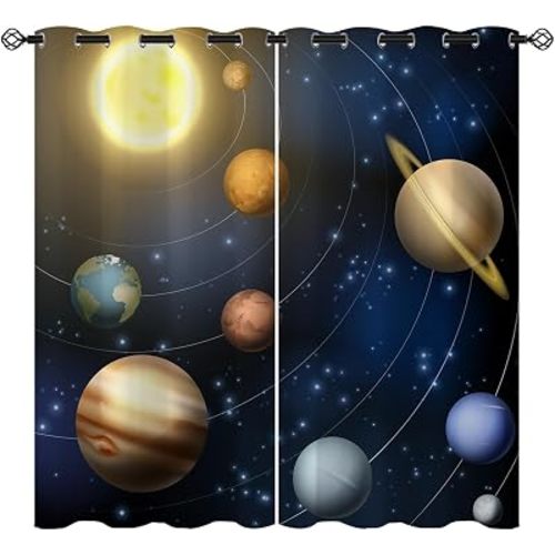 Galaxy Planet Blackout Curtains for Girls Boy Home Decor, Universe Space Solar System Sun Grommet Thermal Insulated Drapes Darkening Window Curtain for Bedroom Living Room, 42 x 45 Inch