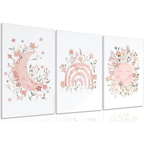3PcsFramed Wildflower Nursery Canvas Wall Art Bohemian Sun and Moon Poster Prints Pink Floral Girl's Room Decorative Painting for Nursery Baby Room Living Room Bedroom Home Decoration