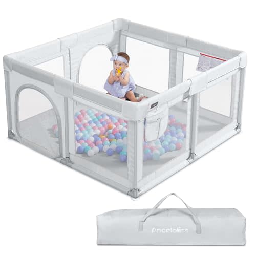 ANGELBLISS Baby Playpen, Large Baby Playard, Indoor & Outdoor Kids Activity Center with Anti-Slip Base, Sturdy Safety Play Yard with Breathable Mesh, Kid's Fence for Infants Toddlers (Grey, 50x50)