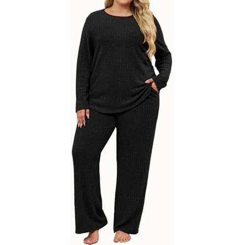 Koscacy Womens Plus Size Lounge Sets 2 Piece Casual Long Sleeve Top and Pants with Pockets