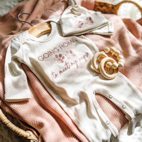 Going Home to Meet My Pups Baby Outfit - Newborn Coming Home Outfit, Baby Gift for Dog Lovers, Baby Boy or Girl Custom Embroidered Romper
