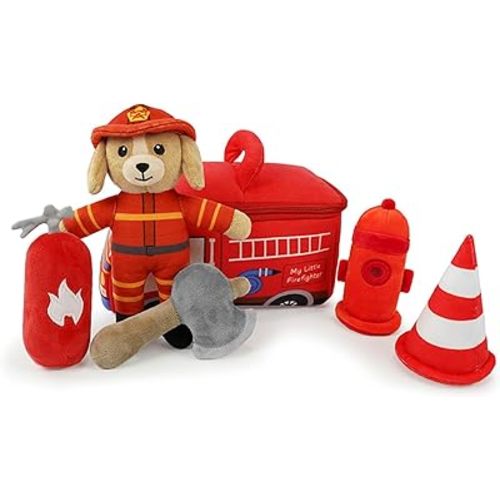 My Little Firefighter Puppy Plush Toy Set Sensory Toys for Babies 0-6-12 Kids Plush Fireman Montessori Sensory Role Play Toy for Infants and Toddlers Early Learning Boy Pretend Play Gift